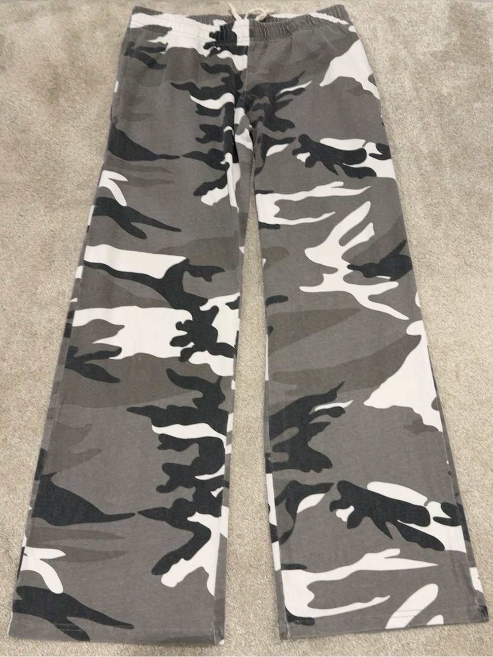 Brandy Melville Gray Camo Wide Leg Pants Drawstring Jersey Knit One Size Y2K